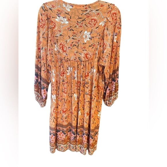 Boho Orange Floral Relaxed Flowy Peasant Sleeves Front Tie ‘60s Vibe Dress - Picture 2 of 8